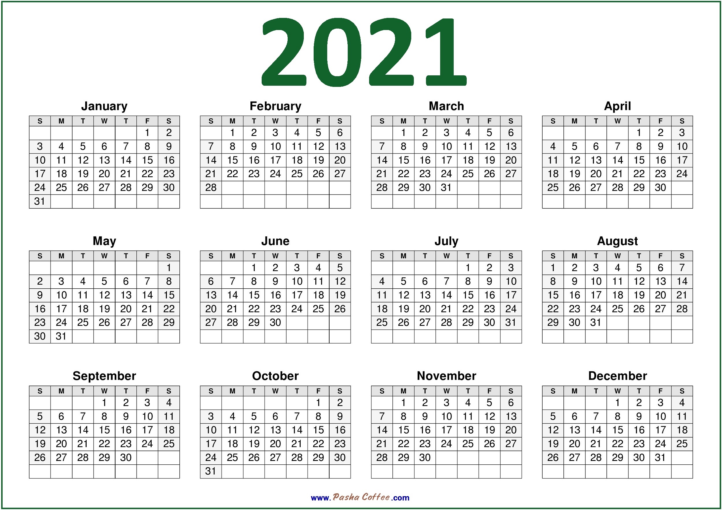 2021 USA CALENDAR – PRINTABLE CALENDAR Green