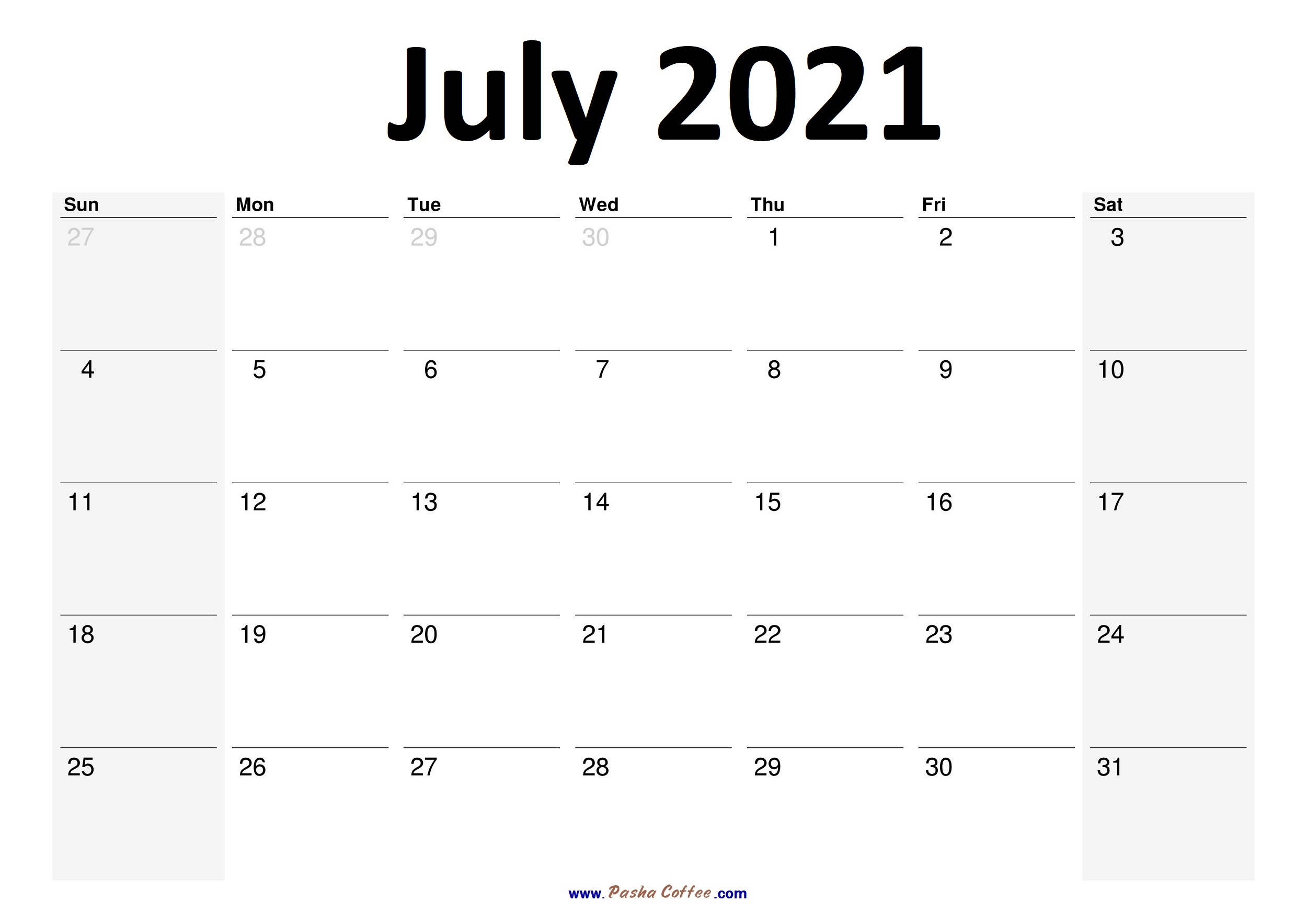2021 July Calendar Planner Printable Monthly