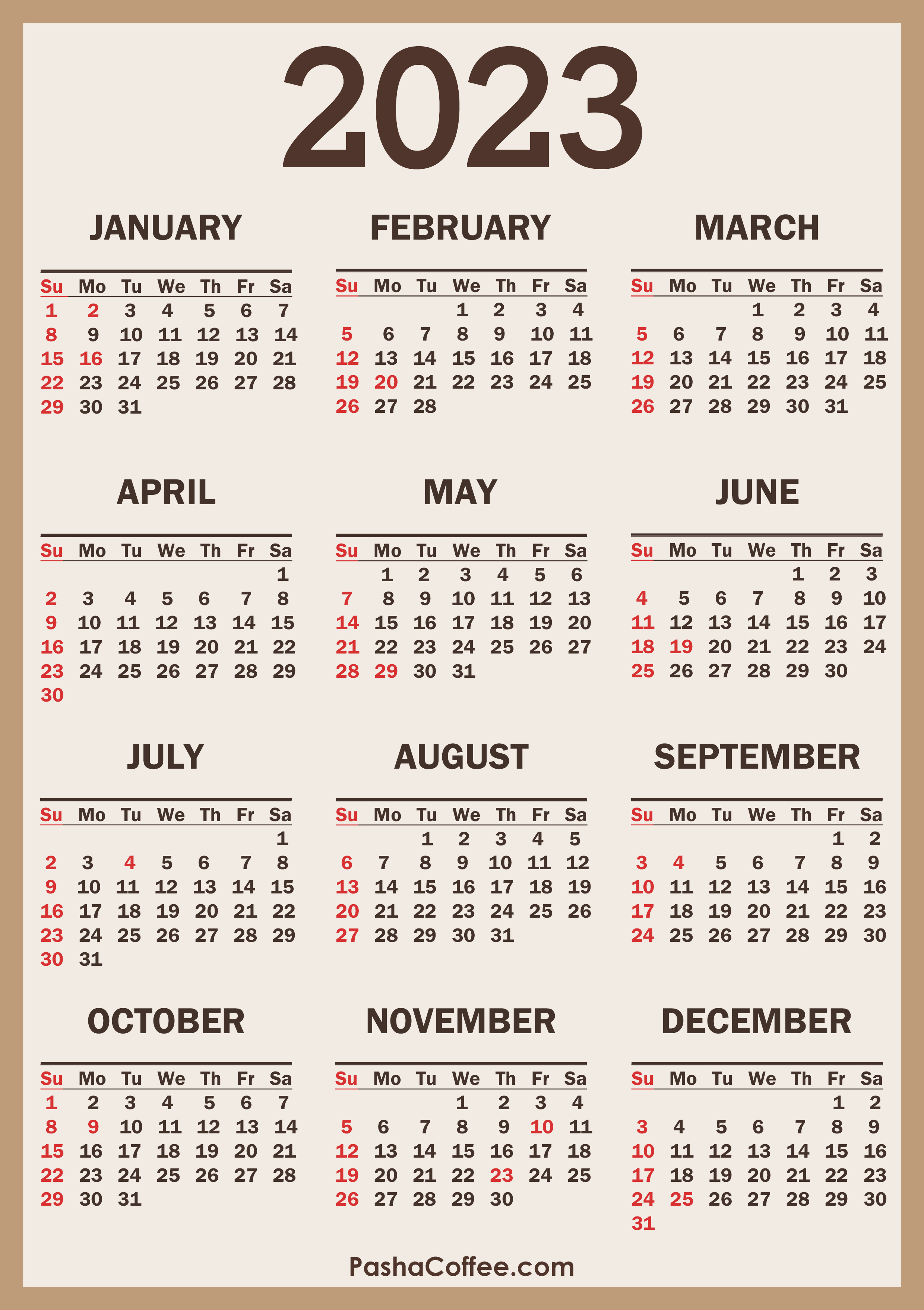 2023 Calendar With Holidays, Printable Free, Vertical, Beige –  Pashacoffee.com