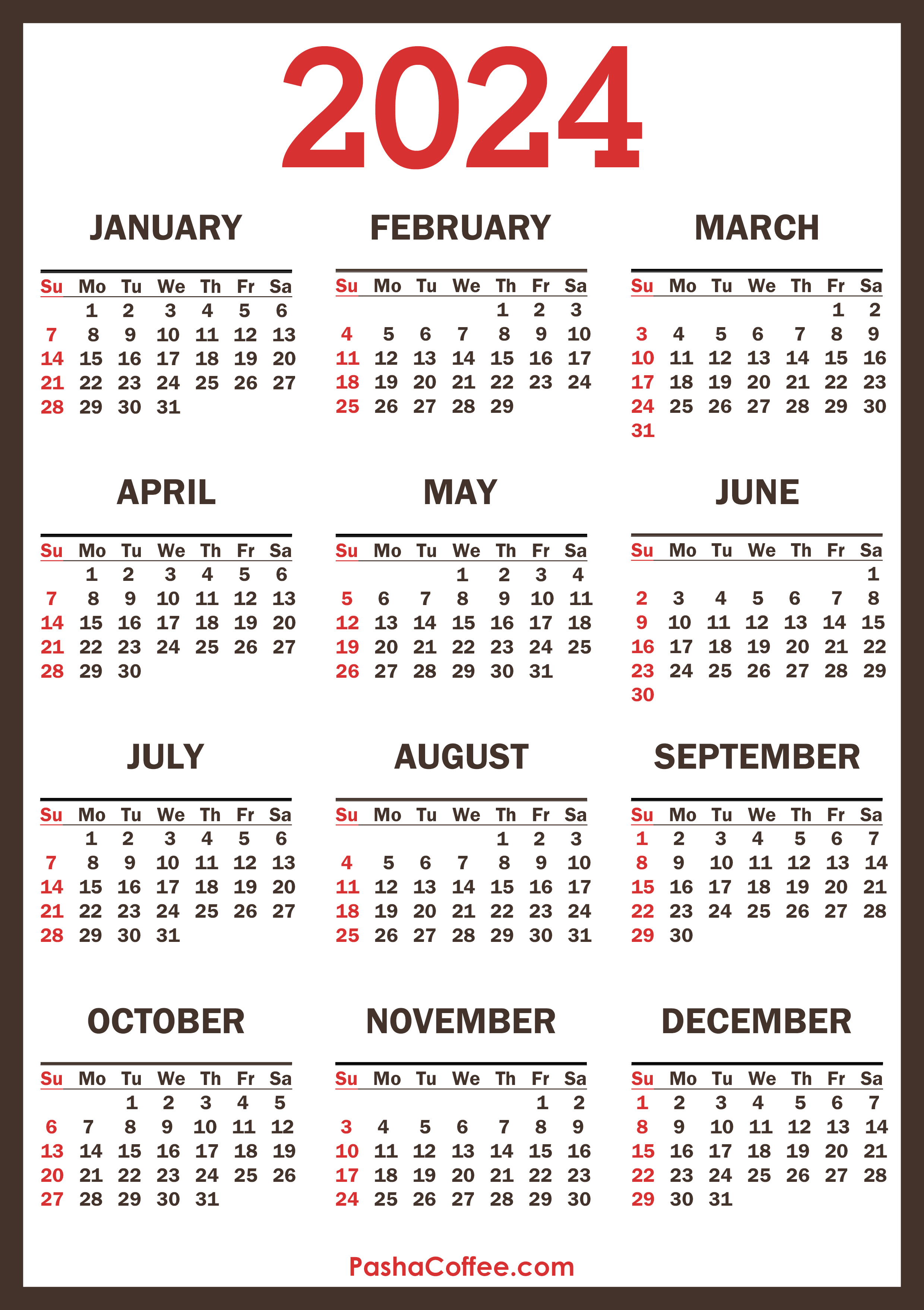 Free Printable 1 Year Calendar 2024 tonye sheelagh