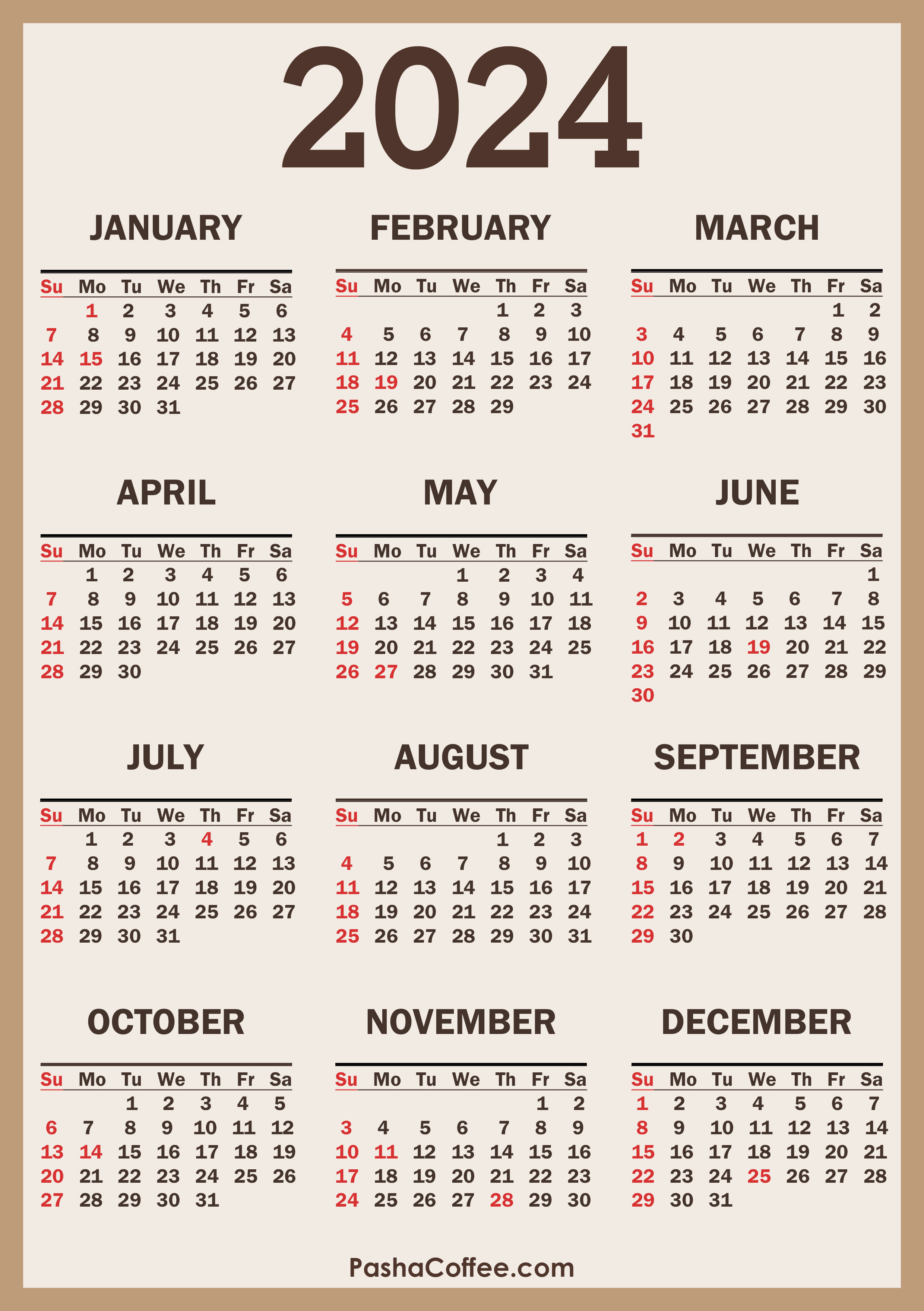 2024 Calendar with Holidays, Printable Free, Vertical –