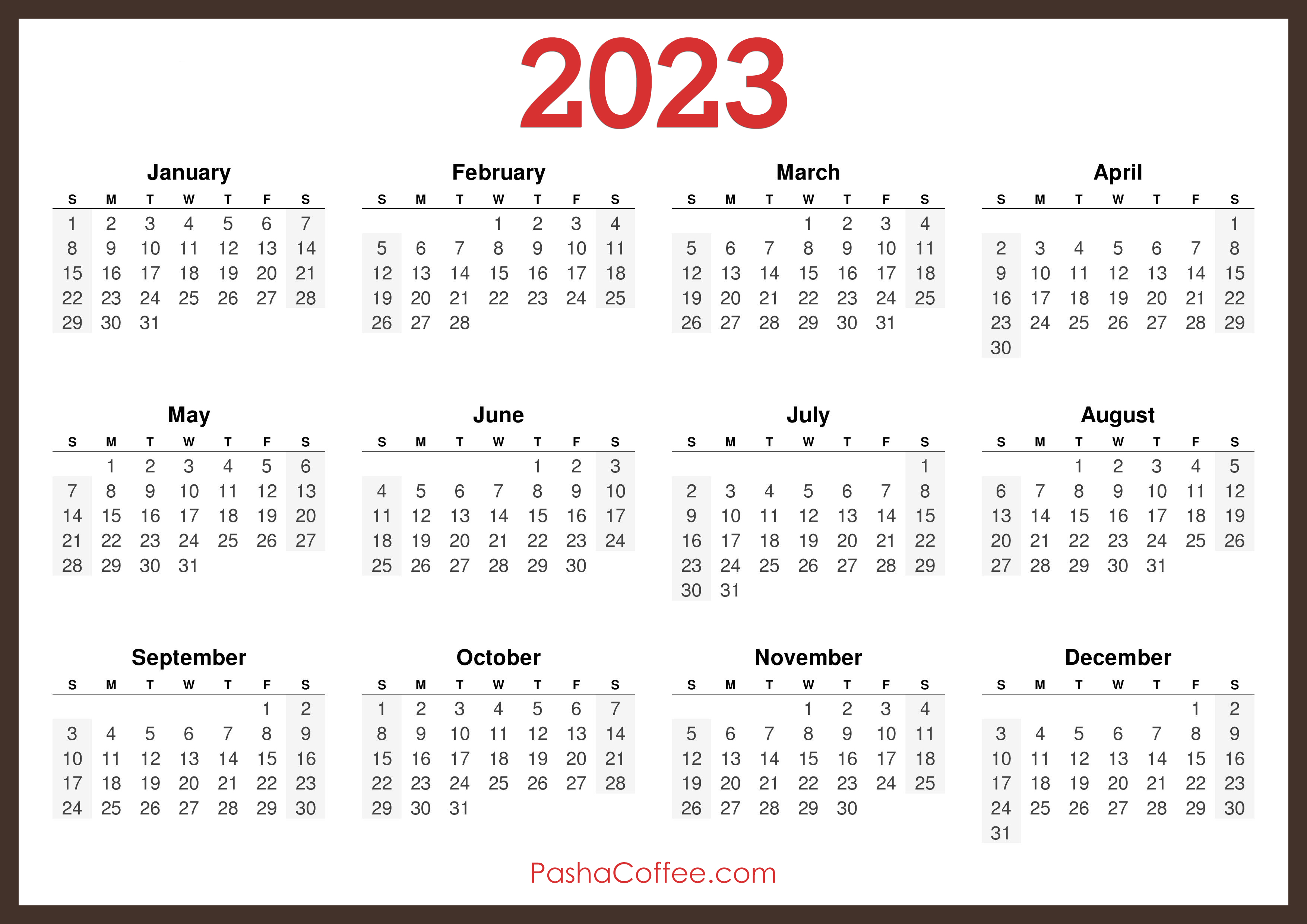 2023 Calendar Printable Free, Horizontal, Brown – PashaCoffee.com