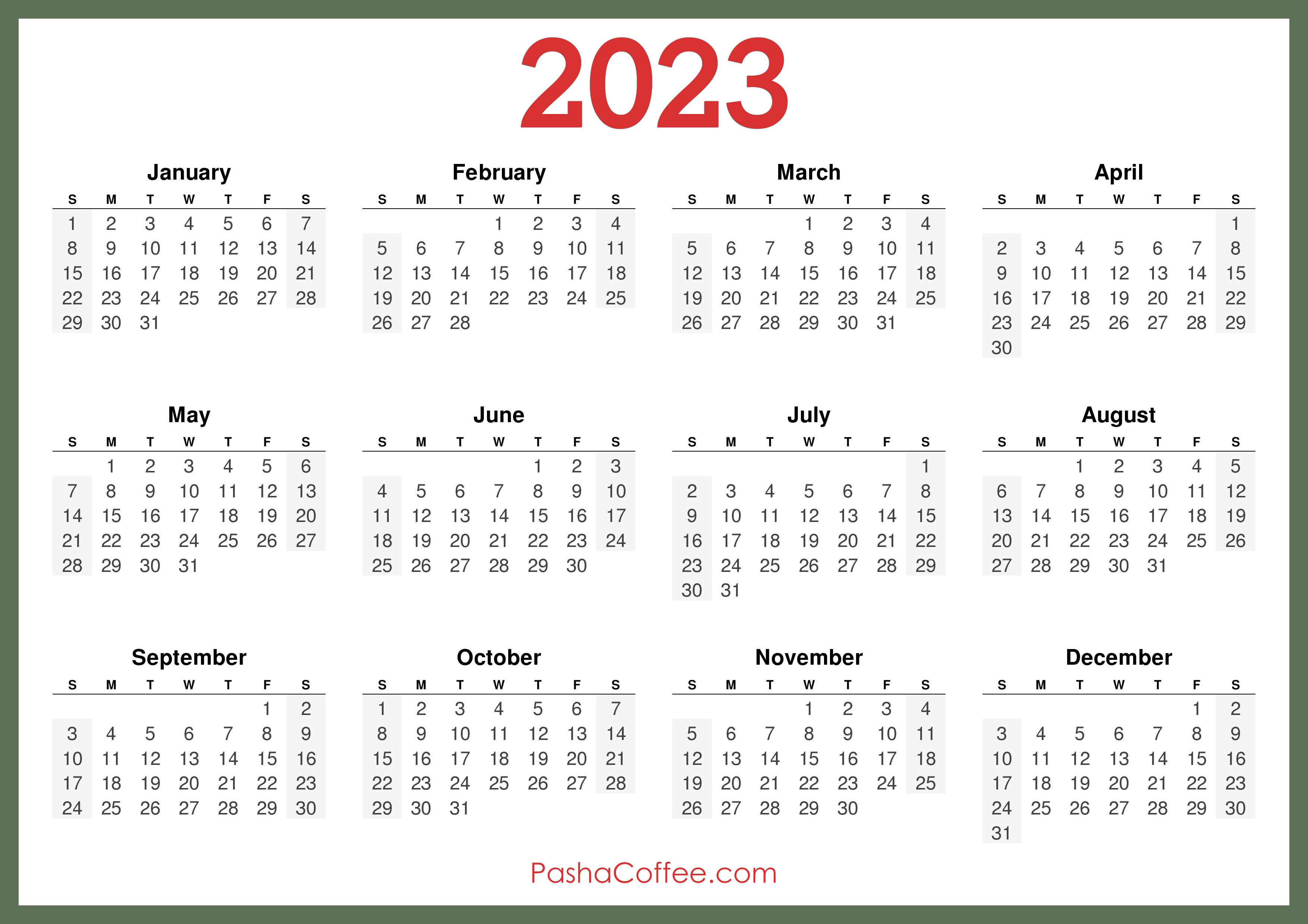2023 Calendar Printable Free, Horizontal, Green – Pashacoffee.com