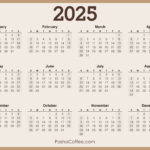 2025 Calendar Printable Free, Horizontal, Beige