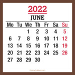 June 2022 Monthly Calendar, Printable Free, Brown, Monday Start