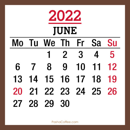 June 2022 Monthly Calendar with Holidays, Printable Free, Brown, Monday ...