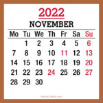 November 2022 Monthly Calendar with Holidays, Printable Free, Beige, Monday Start