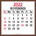November 2022 Monthly Calendar with Holidays, Printable Free, Brown, Sunday Start