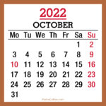 October 2022 Monthly Calendar with Holidays, Printable Free, Beige, Monday Start