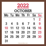 October 2022 Monthly Calendar with Holidays, Printable Free, Brown, Monday Start