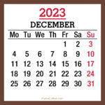 December 2023 Monthly Calendar, Printable Free, Brown, Monday Start