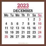 December 2023 Monthly Calendar with Holidays, Printable Free, Brown, Monday Start