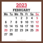 February 2023 Monthly Calendar with Holidays, Printable Free, Brown, Monday Start