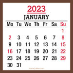 January 2023 Monthly Calendar with Holidays, Printable Free, Brown, Monday Start