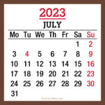 July 2023 Monthly Calendar with Holidays, Printable Free, Brown, Monday Start
