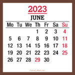 June 2023 Monthly Calendar with Holidays, Printable Free, Brown, Monday Start