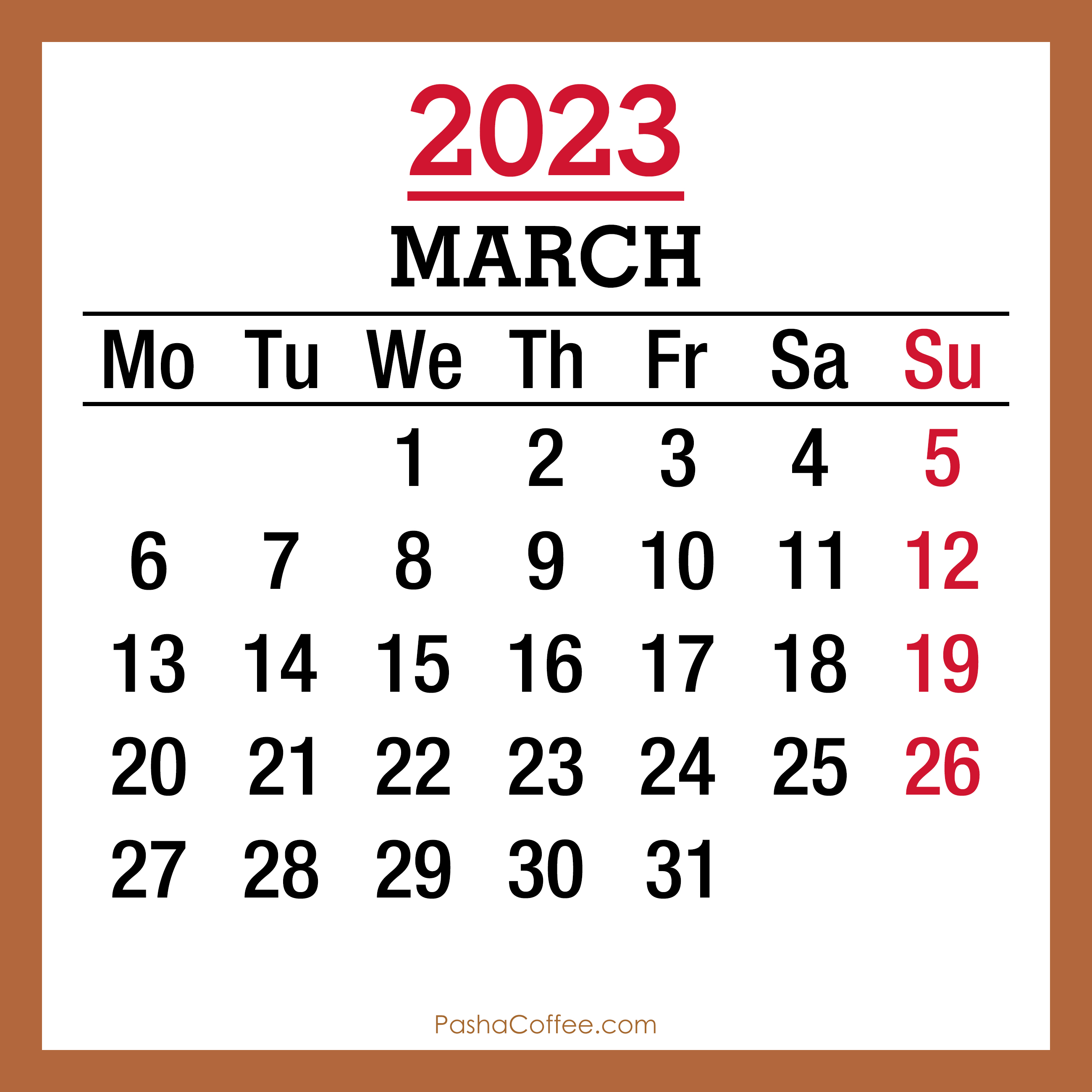 March 2023 Monthly Calendar With Holidays, Printable Free, Beige, Monday  Start – Pashacoffee.com