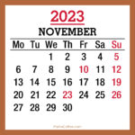 November 2023 Monthly Calendar with Holidays, Printable Free, Beige, Monday Start