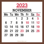 November 2023 Monthly Calendar with Holidays, Printable Free, Brown, Monday Start