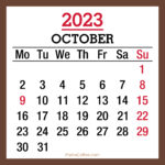 October 2023 Monthly Calendar with Holidays, Printable Free, Brown, Monday Start