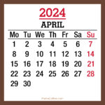 April 2024 Monthly Calendar with Holidays, Printable Free, Brown, Monday Start