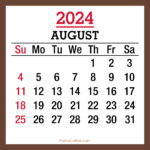 August 2024 Monthly Calendar, Printable Free, Brown, Sunday Start
