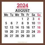 August 2024 Monthly Calendar with Holidays, Printable Free, Brown, Monday Start