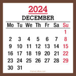 December 2024 Monthly Calendar, Printable Free, Brown, Monday Start