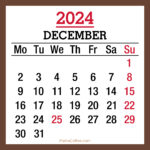 December 2024 Monthly Calendar with Holidays, Printable Free, Brown, Monday Start