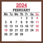 February 2024 Monthly Calendar with Holidays, Printable Free, Brown, Monday Start