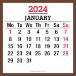 January 2024 Monthly Calendar, Printable Free, Brown, Monday Start