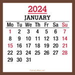 January 2024 Monthly Calendar with Holidays, Printable Free, Brown, Monday Start