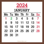 January 2024 Monthly Calendar with UK Holidays, Printable Free, Brown