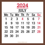 July 2024 Monthly Calendar with Holidays, Printable Free, Brown, Monday Start