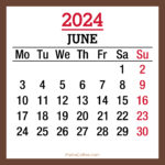 June 2024 Monthly Calendar, Printable Free, Brown, Monday Start