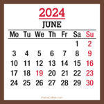 June 2024 Monthly Calendar with Holidays, Printable Free, Brown, Monday Start