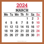 March 2024 Monthly Calendar, Printable Free, Beige, Monday Start