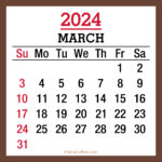 March 2024 Monthly Calendar, Printable Free, Brown, Sunday Start