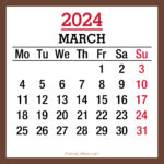 March 2024 Monthly Calendar with Holidays, Printable Free, Brown, Monday Start