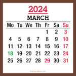 March 2024 Monthly Calendar with UK Holidays, Printable Free, Brown