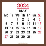 May 2024 Monthly Calendar with Holidays, Printable Free, Brown, Monday Start