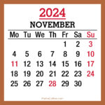 November 2024 Monthly Calendar with Holidays, Printable Free, Beige, Monday Start