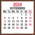 November 2024 Monthly Calendar with Holidays, Printable Free, Brown, Monday Start