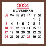 November 2024 Monthly Calendar with Holidays, Printable Free, Brown, Sunday Start