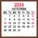 October 2024 Monthly Calendar with Holidays, Printable Free, Brown, Monday Start