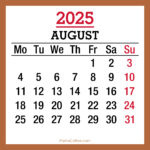August 2025 Monthly Calendar, Printable Free, Beige, Monday Start