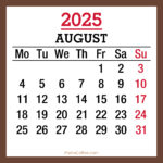 August 2025 Monthly Calendar with Holidays, Printable Free, Brown, Monday Start