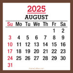 August 2025 Monthly Calendar with Holidays, Printable Free, Brown, Sunday Start