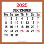 December 2025 Monthly Calendar with Holidays, Printable Free, Beige, Monday Start