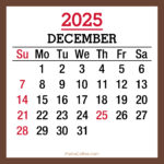 December 2025 Monthly Calendar with Holidays, Printable Free, Brown, Sunday Start